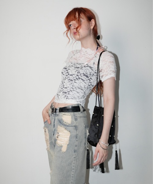 IMARI(イマリ)の「【 IMARI / イマリ 】 レース クロップド トップス(Tシャツ/カットソー・レディース・ホワイト/ブラック・FREE)」の6枚目の写真