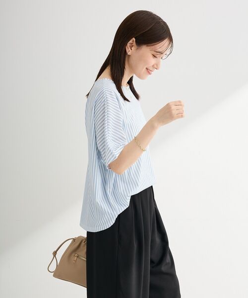 Green Parks(グリーンパークス)の「【優秀ブラウス】【吸水速乾・抗菌防臭・毛玉防止】マルチ機能バックデザインブラウス(Tシャツ/カットソー・レディース・グリーン系その他3/グレイッシュベージュ/ストライプ/ブラック/ドット・FREE)」の13枚目の写真