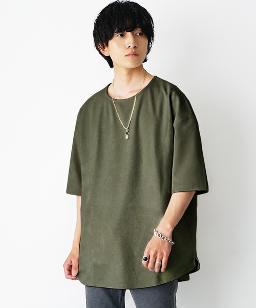 MinoriTY(マイノリティ)の「【MinoriTY】フェイクスウェード5分袖カットソー メンズ 夏服 ユニセックス 半袖 Tシャツ ルーズフィット ビッグシルエット(Tシャツ/カットソー・メンズ・カーキ/ブルーグリーン/グレイッシュベージュ・L/M/S)」の4枚目の写真