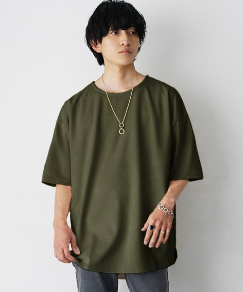MinoriTY(マイノリティ)の「【MinoriTY】フェイクスウェード5分袖カットソー メンズ 夏服 ユニセックス 半袖 Tシャツ ルーズフィット ビッグシルエット(Tシャツ/カットソー・メンズ・カーキ/ブルーグリーン/グレイッシュベージュ・L/M/S)」の5枚目の写真