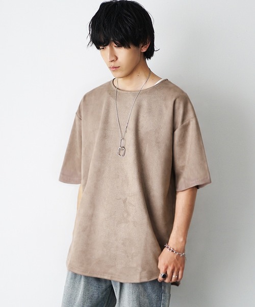 MinoriTY(マイノリティ)の「【MinoriTY】フェイクスウェード5分袖カットソー メンズ 夏服 ユニセックス 半袖 Tシャツ ルーズフィット ビッグシルエット(Tシャツ/カットソー・メンズ・カーキ/ブルーグリーン/グレイッシュベージュ・L/M/S)」の9枚目の写真