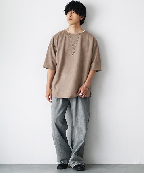 MinoriTY(マイノリティ)の「【MinoriTY】フェイクスウェード5分袖カットソー メンズ 夏服 ユニセックス 半袖 Tシャツ ルーズフィット ビッグシルエット(Tシャツ/カットソー・メンズ・カーキ/ブルーグリーン/グレイッシュベージュ・L/M/S)」の10枚目の写真