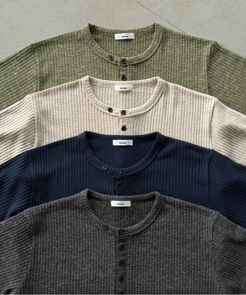 Perushu(ペルーシュ)の「Henley Neck Rib Knit Tops/ヘンリーネックリブニットトップス(Tシャツ/カットソー・メンズ・チャコールグレー/ダークグリーン/ネイビー/ベージュ・MEDIUM/LARGE)」の7枚目の写真