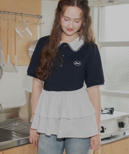 JUMELLE(ジュメロ)の「ペプラムポロトップ(Tシャツ/カットソー・レディース・ネイビー・FREE)」の1枚目の写真