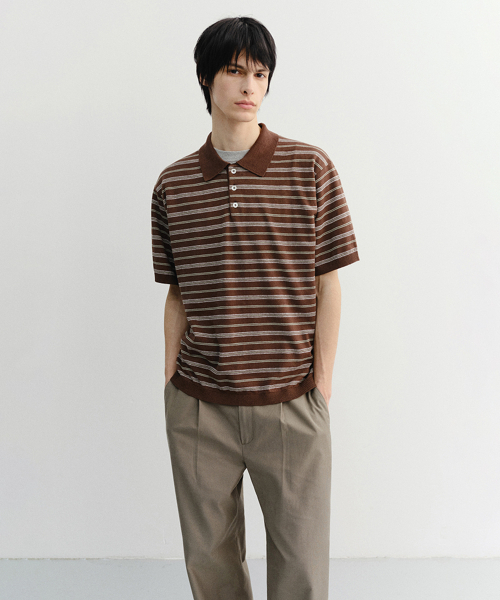 STRIPED POLO KNIT_UNISEX_UDSW6B127 — поло в полоску, unisex, Brown/Mint