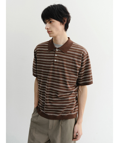 DUNST FOR MEN（ダンストフォーメン）の「STRIPED POLO KNIT_UNISEX_UDSW6B127_BROWN / MINT（ニット/セーター・メンズ・ブラウン・X-LARGE/X-SMALL/SMALL/MEDIUM/LARGE）」の2枚目の写真