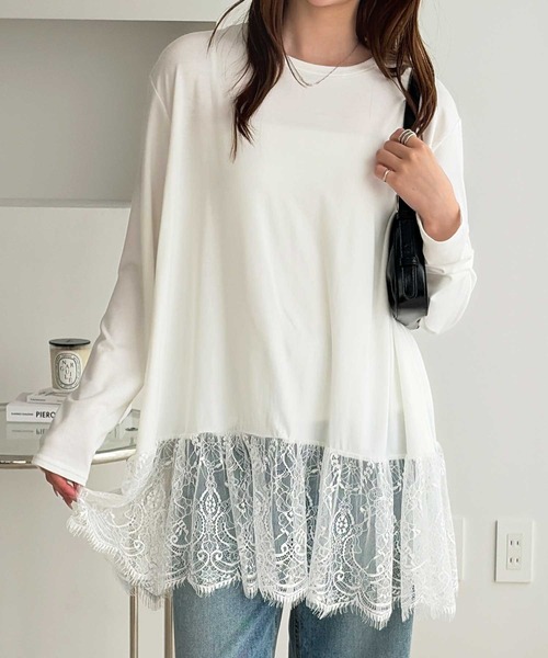 GeeRA（ジーラ）の「裾レース＆チュールドッキングロンＴ（Tシャツ/カットソー・レディース・ホワイト系その他2/ホワイト系その他/ブラック系その他/ブラック系その他2・X-LARGE/LARGE/MEDIUM）」の3枚目の写真