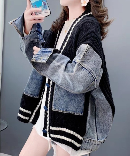 CHUL(チュル)の「異素材切替デニムニットカーディガン(カーディガン/ボレロ・レディース・ブルー/ブルー系その他・FREE)」の4枚目の写真
