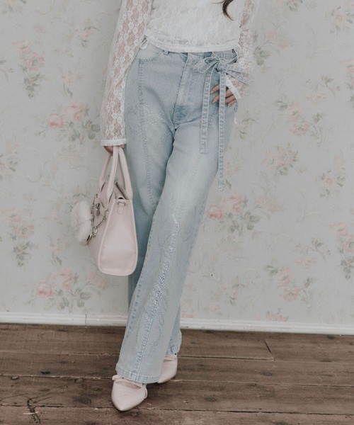OLIVE des OLIVE(オリーブデオリーブ)の「キラキラロゴストレッチデニムパンツ(デニムパンツ・レディース・サックスブルー/グレー・MEDIUM/SMALL)」の3枚目の写真