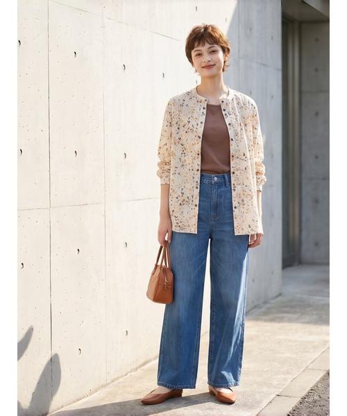 Sew loop（ソーループ）の「綿100％リーフ柄プリント前立てフリル長袖ブラウス（シャツ/ブラウス・レディース・ベージュ・L/M）」の2枚目の写真