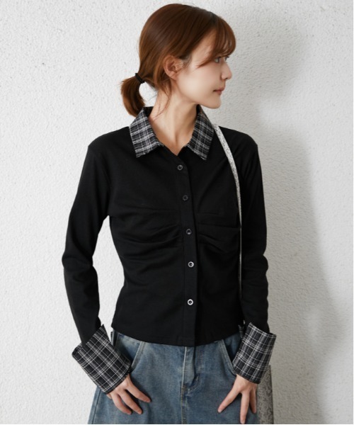 GORGE（ゴージ）の「チェック切替 フロントギャザーシャツ｜全3色（シャツ/ブラウス・レディース・杢グレー/ブラック/オフホワイト・F）」の2枚目の写真