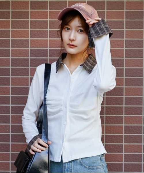 GORGE（ゴージ）の「チェック切替 フロントギャザーシャツ｜全3色（シャツ/ブラウス・レディース・杢グレー/ブラック/オフホワイト・F）」の5枚目の写真