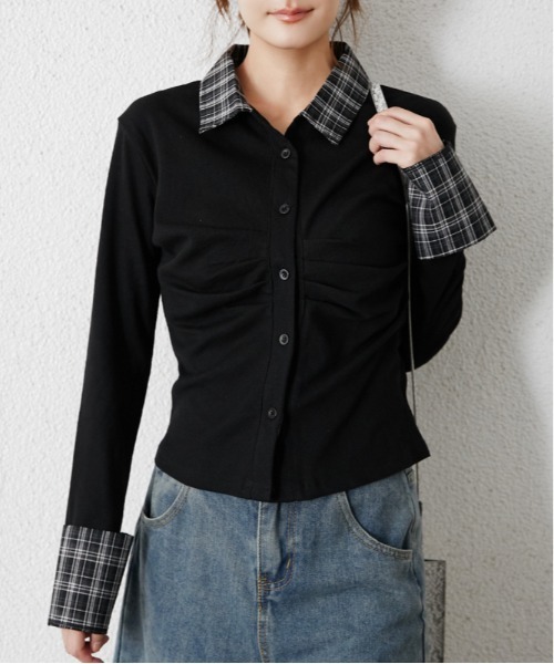 GORGE（ゴージ）の「チェック切替 フロントギャザーシャツ｜全3色（シャツ/ブラウス・レディース・杢グレー/ブラック/オフホワイト・F）」の8枚目の写真
