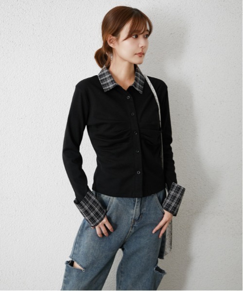 GORGE（ゴージ）の「チェック切替 フロントギャザーシャツ｜全3色（シャツ/ブラウス・レディース・杢グレー/ブラック/オフホワイト・F）」の10枚目の写真
