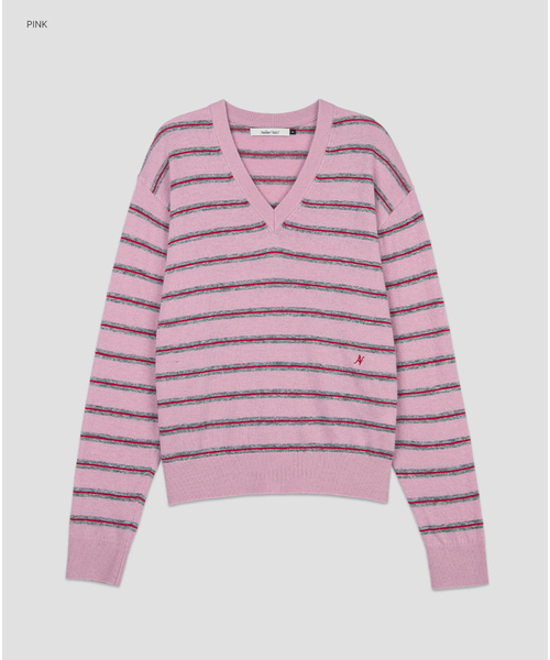 ATELIER NAIN(アトリエナイン)の「(T-7302)WOOL STRIPE V-NECK KNIT(ニット/セーター・レディース・ピンク/ライトグリーン・FREE)」の1枚目の写真