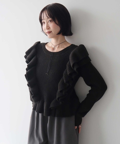 earth music&ecology（アースミュージックアンドエコロジー）の「フリルニットプルオーバー（ニット/セーター・レディース・オリーブ/オフホワイト/ブラック・FREE）」の11枚目の写真