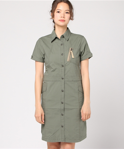 AVIREX（アヴィレックス）の「「InRed5月号掲載　女優の上戸彩さん着用商品」/ FUDGE5月号掲載商品/ avirex/ アヴィレックス/ S/S STRETCH SIDE POCKETS SH/ONE PIECE/ ストレッチ サイドポケット シャツワンピース（シャツワンピース・レディース・ベージュ/マスタード/セージグリーン・LARGE/SMALL/MEDIUM）」の8枚目の写真