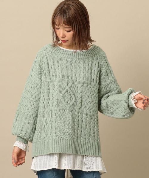 Another Edition(アナザーエディション)の「ケーブルパッチPO ◆(ニット/セーター・レディース・ネイビー/オフホワイト/ベージュ/ライム・FREE)」の4枚目の写真