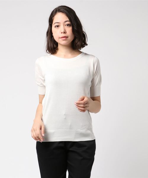 three dots(スリードッツ)の「Marisol 5月号掲載/ウォッシャブルシルク クルーネックトップ(ニット/セーター・レディース・ネイビー/ピンク/杢グレー/ホワイト・MEDIUM/SMALL)」の1枚目の写真