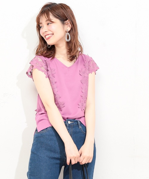 natural couture（ナチュラルクチュール）の「フラワーレース袖きれいめプルオーバー（Tシャツ/カットソー・レディース・ブラック/オフホワイト/ベージュ/ピンク・FREE）」の18枚目の写真