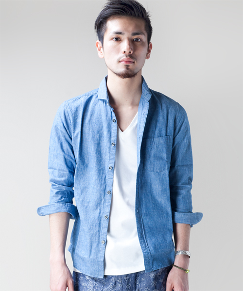 NANO universe（ナノユニバース）の「ダンガリーホリゾンタルシャツ（シャツ/ブラウス・メンズ・インディゴブルー/ネイビー/ブルー/サックスブルー・SMALL/MEDIUM/LARGE）」の4枚目の写真