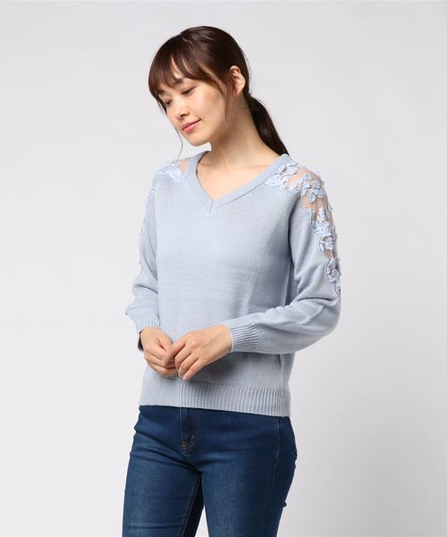 GeeRA(ジーラ)の「肩立体モチーフレースニット(ニット/セーター・レディース・グレイッシュブルー/ピンク/オフホワイト/ブラック/ボルドー・LARGE/X-LARGE/XX-LARGE/MEDIUM/SMALL)」の14枚目の写真