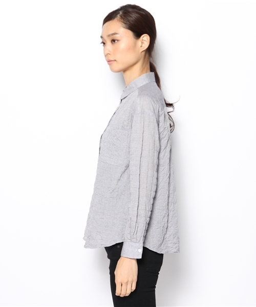 laule'a sunny side store(ラウレアサニーサイドストア)の「細ボーダー2WAYシャツ(シャツ/ブラウス・レディース・ネイビー/ホワイト/ブラック・FREE)」の5枚目の写真