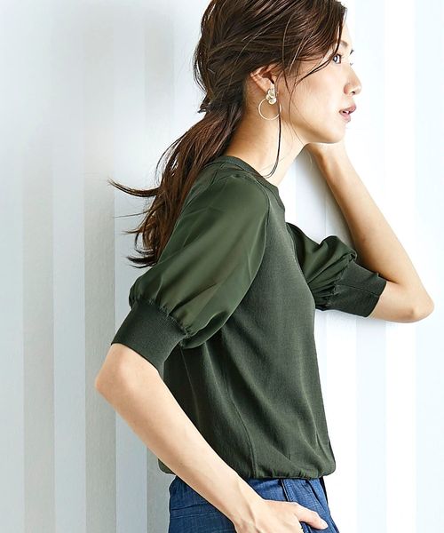 Perle Peche(ペルルペッシュ)の「シフォンスリーブニットプルオーバー(ニット/セーター)」|カーキオリーブ