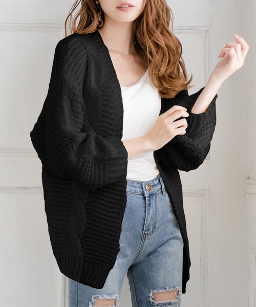 Julia Boutique(ジュリアブティック)の「ケーブル編みローゲージニットカーディガン/510524(カーディガン)」|ブラック