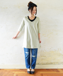 【日本製】Vネック7分袖Aラインロングカットソー【Tシャツ】【チュニック】