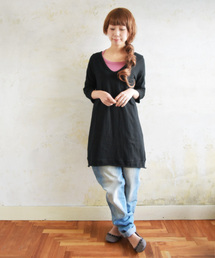 【日本製】Vネック7分袖Aラインロングカットソー【Tシャツ】【チュニック】