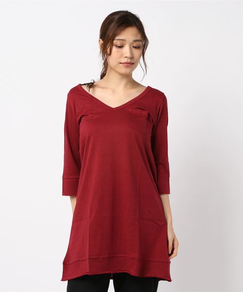 and it_（アンドイット）の「【日本製】Vネック7分袖Aラインロングカットソー【Tシャツ】【チュニック】（チュニック・レディース・ブラック/カーキ/ミント/ネイビー/パープル/ワイン/オレンジ/チャコールグレー/モカ/オートミール・LARGE/X-LARGE/MEDIUM）」の14枚目の写真