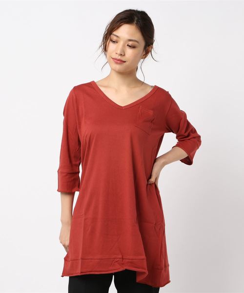 and it_（アンドイット）の「【日本製】Vネック7分袖Aラインロングカットソー【Tシャツ】【チュニック】（チュニック・レディース・ブラック/カーキ/ミント/ネイビー/パープル/ワイン/オレンジ/チャコールグレー/モカ/オートミール・LARGE/X-LARGE/MEDIUM）」の13枚目の写真