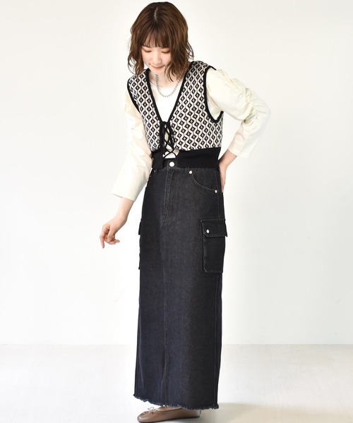 RETRO GIRL（レトロガール）の「カーゴポケットロングスカート（スカート・レディース・ダークブルー/オフホワイト/グリーン/ブラック・FREE）」の14枚目の写真