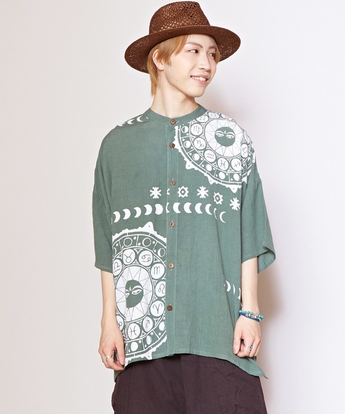 チャイハネ（チャイハネ）の「【チャイハネ】サンムーンMEN'Sシャツ（シャツ/ブラウス・メンズ・ホワイト/オレンジ/ブルー/ブラック/カーキ・FREE）」の3枚目の写真