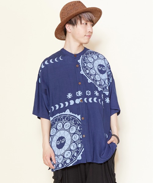 チャイハネ（チャイハネ）の「【チャイハネ】サンムーンMEN'Sシャツ（シャツ/ブラウス・メンズ・ホワイト/オレンジ/ブルー/ブラック/カーキ・FREE）」の4枚目の写真