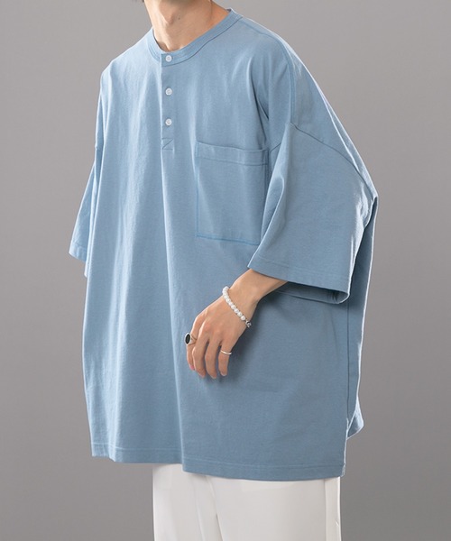 kutir(クティール)の「ヘンリーネックTシャツ(Tシャツ/カットソー・メンズ・ライトブルー/オフホワイト/マスタード・MEDIUM/LARGE)」の17枚目の写真