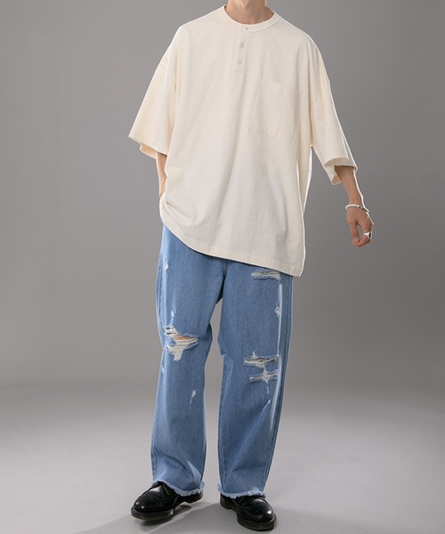 kutir(クティール)の「ヘンリーネックTシャツ(Tシャツ/カットソー・メンズ・ライトブルー/オフホワイト/マスタード・MEDIUM/LARGE)」の6枚目の写真