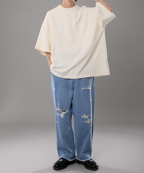 kutir(クティール)の「ヘンリーネックTシャツ(Tシャツ/カットソー・メンズ・ライトブルー/オフホワイト/マスタード・MEDIUM/LARGE)」の16枚目の写真