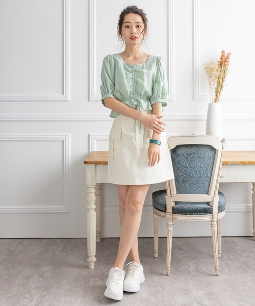 ブラウス シャツ ストレッチドロストショートシャツ レディース Honeys ブラウス シャツ ドロストショート丈シャツ レディース