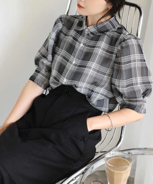 one after another NICE CLAUP（ワンアフターアナザーナイスクラップ）の「シアードット衿ブラウス（シャツ/ブラウス・レディース・ブラック/アイボリー/チェック・FREE）」の3枚目の写真