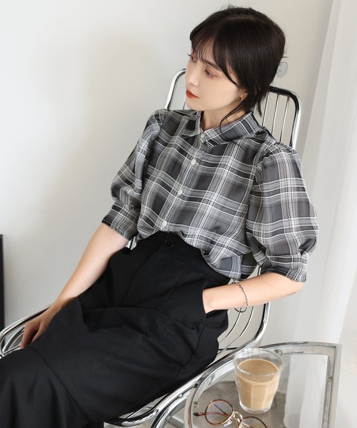 one after another NICE CLAUP（ワンアフターアナザーナイスクラップ）の「シアードット衿ブラウス（シャツ/ブラウス・レディース・ブラック/アイボリー/チェック・FREE）」の6枚目の写真