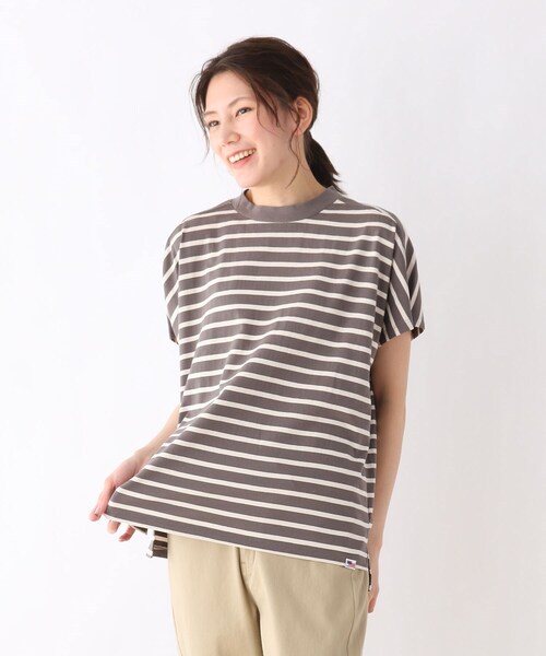 SHOO・LA・RUE(シューラルー)の「◆【SHOO ICE/USAコットン】フレンチスリーブボーダーTシャツ(Tシャツ/カットソー・レディース・チャコール/ライトグレー系4/ダークブラウン系4/キャメル・03/02/04)」の2枚目の写真