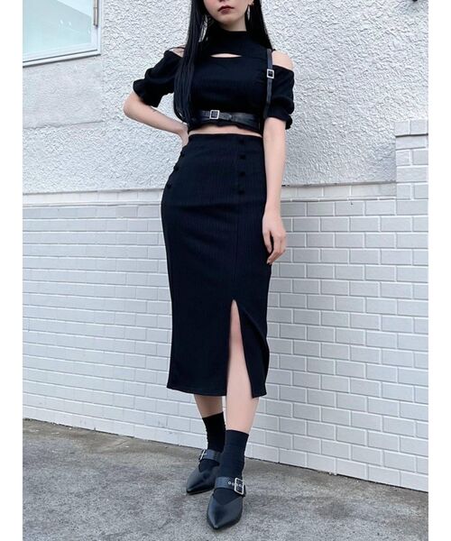 EATME（イートミー）の「シングルスリットリブスカート（セットアップ可能）（スカート・レディース・ブラック/ベージュ/ブルー・FREE）」の8枚目の写真