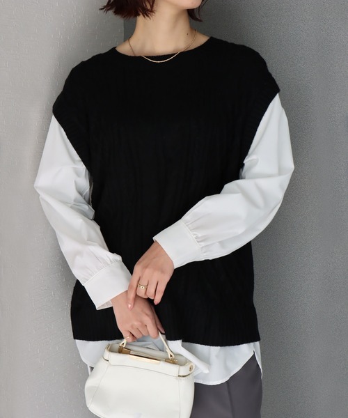 libelle more（リベル モア）の「ニットベスト＋シャツ　ドッキングプルオーバー（ニット/セーター・レディース・杢グレー/スモークピンク/アイボリー/ブラック/ライトベージュ・M）」の3枚目の写真