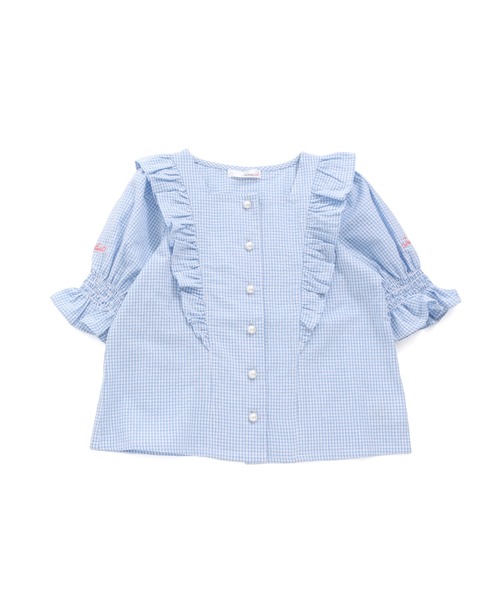 ☆美品☆　BLUELEA　ブルレア　青　ダブルフリルブラウス　ギンガムチェック ☆美品☆ BLUELEA ブルレア 青 ダブルフリルブラウス ギンガム