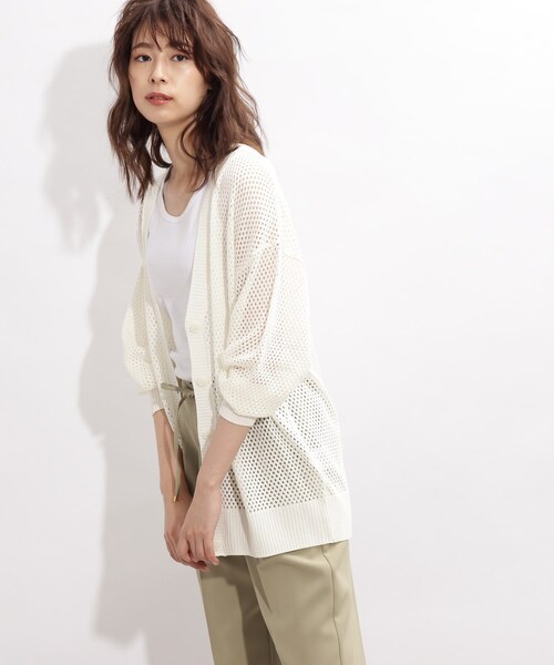 SHOO・LA・RUE(シューラルー)の「◆リネンタッチメッシュカーディガン(カーディガン/ボレロ・レディース・ブラック/オフホワイト/イエロー・00)」の2枚目の写真