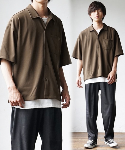 MinoriTY(マイノリティ)の「【MinoriTY】3点セット梨地素材セットアップ コーデセット 半袖シャツ+タンクトップ+ワイドパンツ メンズ 夏服 秋服 無地 オーバーサイズ ルーズシルエット(セットアップ・メンズ・ブラック/カーキ/ブルー/ベージュ系その他/グリーン系その他/ブルー系その他/グレイッシュベージュ/グレー系その他/ブルー系その他2/ブラウン系その他/ライトブルー/グレー/ダークブラック/ライトブラウン・M/L/S)」の7枚目の写真