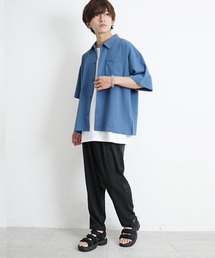 【MinoriTY】3点セット梨地素材セットアップ コーデセット 半袖シャツ+タンクトップ+ワイドパンツ メンズ 夏服 秋服 無地 オーバーサイズ ルーズシルエット