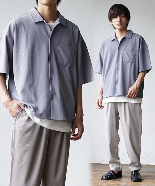 MinoriTY(マイノリティ)の「【MinoriTY】3点セット梨地素材セットアップ コーデセット 半袖シャツ+タンクトップ+ワイドパンツ メンズ 夏服 秋服 無地 オーバーサイズ ルーズシルエット(セットアップ・メンズ・ブラック/カーキ/ブルー/ベージュ系その他/グリーン系その他/ブルー系その他/グレイッシュベージュ/グレー系その他/ブルー系その他2/ブラウン系その他/ライトブルー/グレー/ダークブラック/ライトブラウン・M/L/S)」の4枚目の写真